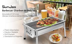 Sunjas Ajustable Démontable Exterieur Pique Nique - Barbecue Charbon de Bois Inox